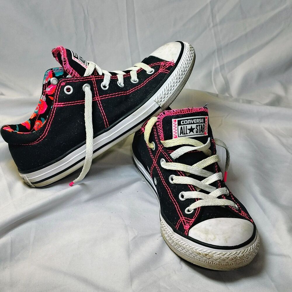 Converse Chuck Taylor All Star Low Sneakers Black Hot Pink Floral Youth Sz 5